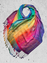 Load image into Gallery viewer, ‘ELLIE’ Blue Paisley rainbow scarf with tassels
