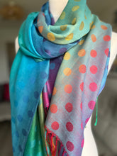 Load image into Gallery viewer, ‘ELLIE SPOT’  Spot rainbow scarf with tassels (aqua)
