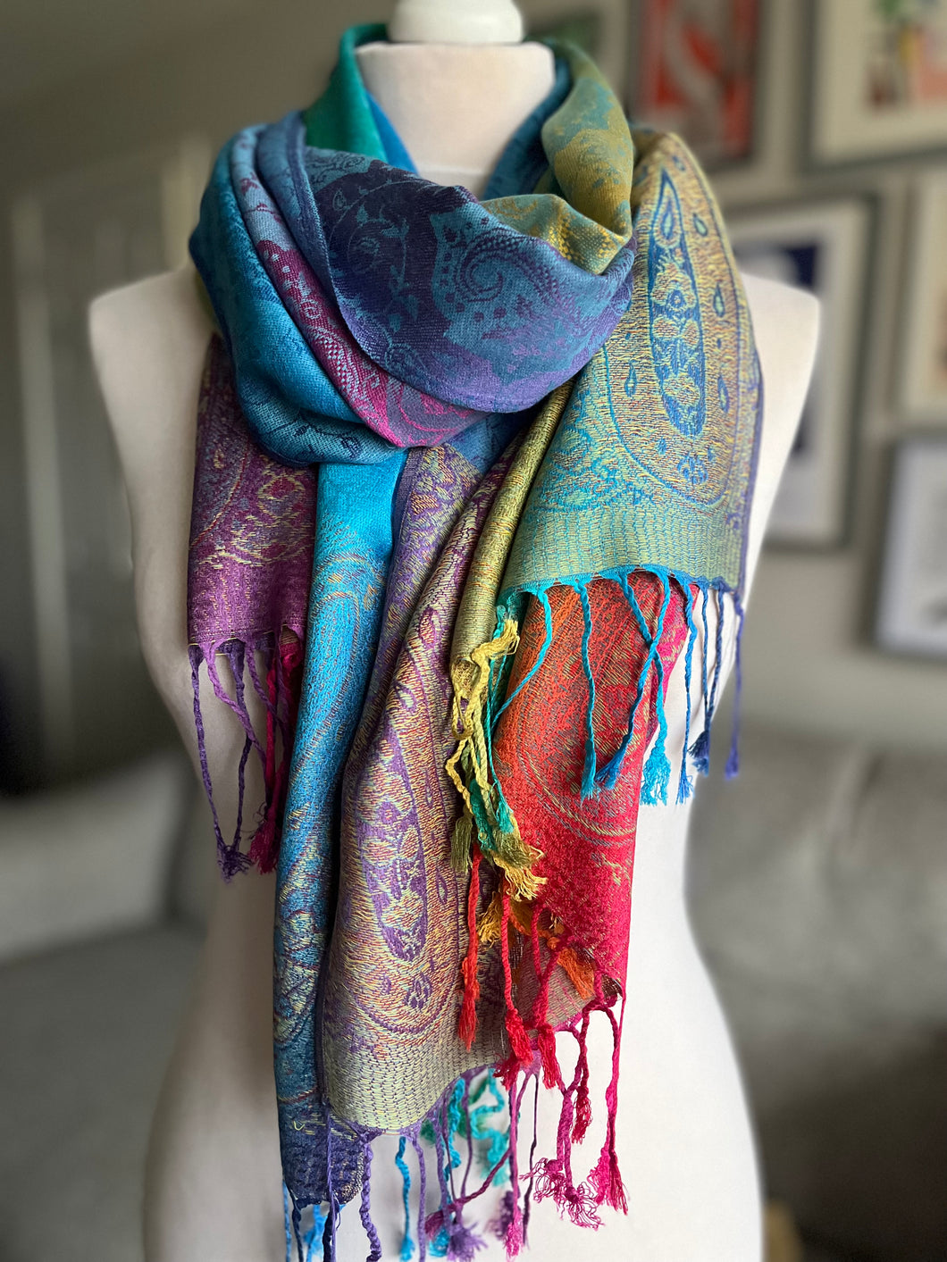 ‘ELLIE’ Blue Paisley rainbow scarf with tassels
