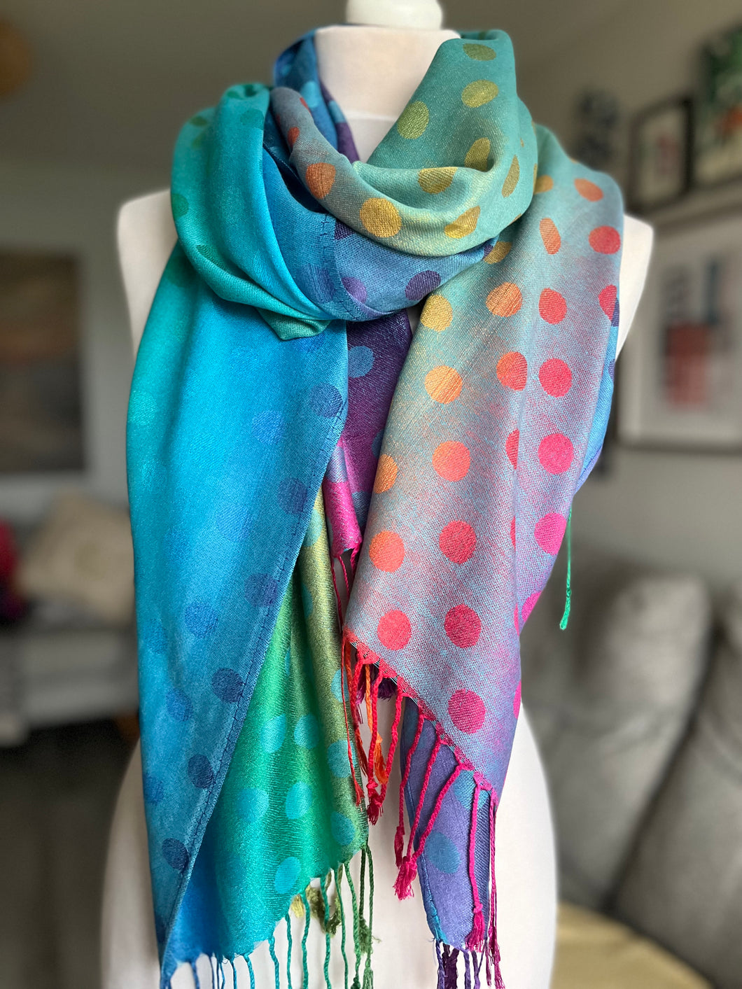 ‘ELLIE SPOT’  Spot rainbow scarf with tassels (aqua)